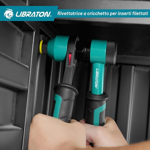 LIBRATON Riveter for Threaded Inserts, Hand Riveter Threaded Inserts, Ratchet Threaded Riveter, Pliers Threaded Riveter with 5 Metric Spindles, 5 Nozzles, 50 Rivets Nuts, Box