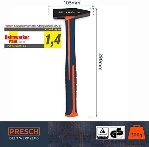 Presch Schlosserhammer 300g Fiberglasstiel - Hammer in Schwarz nach DIN mit Kunststoffstiel - Profi Werkzeug Hammer 300g – Bild 2