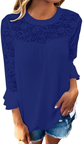 Womens Chiffon Long Layered Sleeve Lace Patchwork Pleat Tunic Shirt Top,(C.I.I.) m.p,Blue