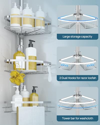 SEIRIONE Rustproof Shower Corner Caddy Organizer for Bathroom, 4 Adjustable Shelves with Tension Pole, for Bathtub Shampoo Accessories Storage Holder, 34 to 116 Inch Height, Silver