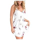 XWDA Women Floral Print Dress Spaghetti Strap V Neck Mini Beach Dress