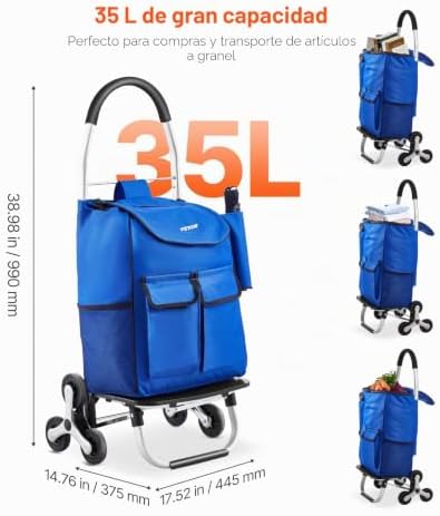Carro de Compra Plegable 36 L Carro para Subir Escaleras con 6 Ruedas 445x375x990 mm Bolsa de Almacenamiento de Tela Oxford para Compras, Oficina, Mudanzas, Transporte, Exteriores, Lavandería