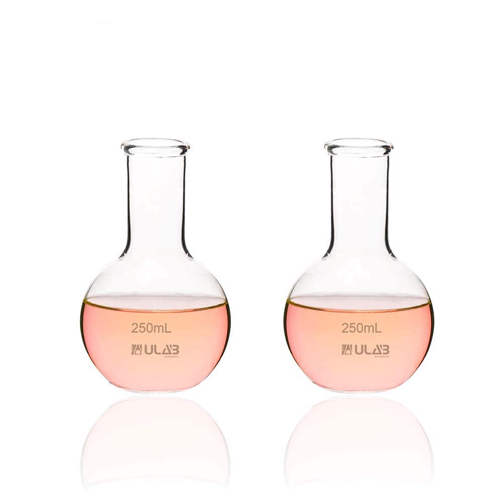 ULAB Boiling Flask of Flat Bottom Set, 2pcs of Vol.250ml, Borosilicate 3.3 Glass Material, UBF1008