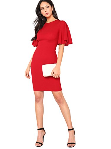 Floerns Women's Ruffle Sleeve Knee Length Bodycon Dress Red S