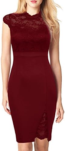 WOOSUNZE Women's Elegant Cap Sleeve Floral Lace Vintage Midi Cocktail Party Dress (Burgundy, XX-Large)