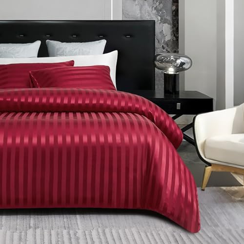 Gezu Bettbezug 200 x 200 cm, Rotweinrot, Satin, gestreift, Bettwäsche für Erwachsene, 2 Personen, Bettwäsche aus Seidensatin, glänzend, mit Reißverschluss und 2 Kopfkissenbezügen 65 x 65 cm und