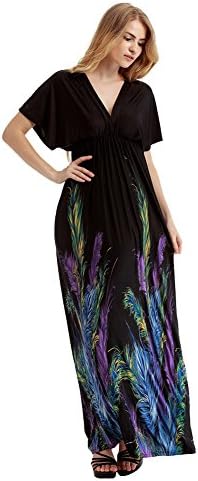 Women's Deep V-neck Feather Print Long Maxi Bohemian Plus size Dress L