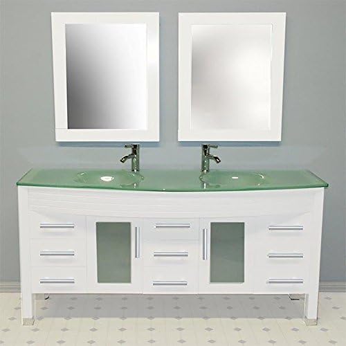 63 Inch Wood &amp; Tempered Glass Double Sink Bathroom Vanity Set- "Pettis" (Chrome Faucets)