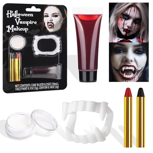 BOBISUKA Halloween Vampire Makeup Kit with White Face & Body Paint, Fake Blood, Black and Red Face Paint Crayon and Fake Teeth SFX Makeup Set for Zombie Wounds Clown Cosplay Special Effects Makeup