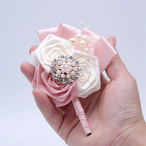 Florashop Satin Flowers with Brooch Wrist Corsage & Boutonniere Wedding Bridal Bridesmaid Wrist Corsage Wristband and Men's Groom Bridegroom Boutonniere for Wedding Prom Party Homecoming - Thumbnail 2