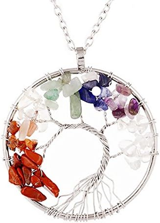 Tree of Life Pendant Necklace Gemstone Chakra Jewelry for Mothers Day Gifts (Silver Round)