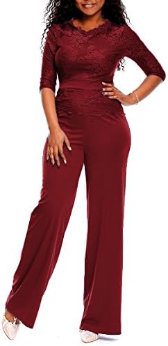 Women's Sexy Lace Spliced Jumpsuit High Waisted Long Wide Leg 3/4 Sleeve Solid Color Zipper Rompers Pants Size M Red