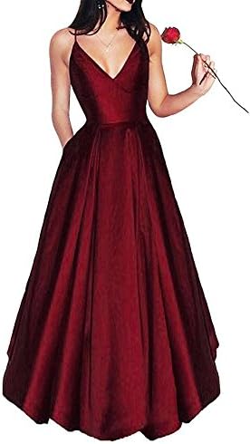 LovelyGirl Women's Elegant V Neck Prom Dresses 2018 Long Spaghetti Straps Satin Evening Party Dress With Pockets JA047 US6 Burgundy