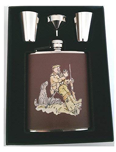 Farm Cottage Brands 6oz Brown Leather Hip flask set with funnel and 2 stainless steel tumblers in a lovely presentation box featuring A hard day's shooting ? pheasant game day shooting (AC13)