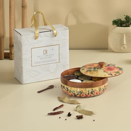 Brick Brown® Wooden Masala Box, Pastel Color, Enameled, for Kitchen, Spice Jars, Spice Rack, Masala Dani Organizer, Storage Box with 7 Containers and 1 Wooden Spoon (21.1 x 10.7cm)