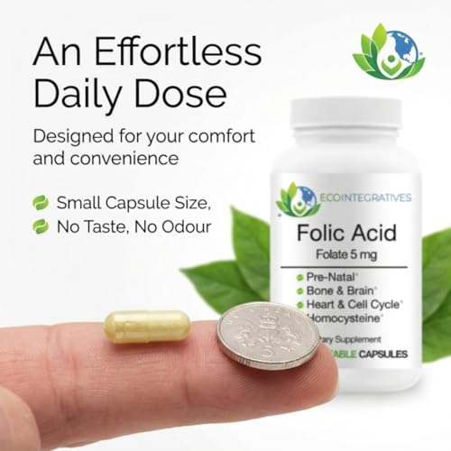 EcoIntegratives Folic Acid Folate 5mg (B9) Prenatal, Reproductive Health, Homocysteine, Metabolism, Cardiovascular, Bone, Immune Support, Allergen Free, Non GMO - 100 Vegan Capsules