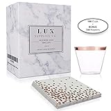 9 oz Rose Gold Rim Cups - 100 Clear Plastic Cups & 100 Stylish Print Napkins | Elegant Supplies & Decorations for Fancy Dinner, Reception, Wedding, Cocktail, Engagement, Bachelorette or Birthday Party