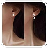 Allereyae Vintage Crystal Northstar Dangle Earrings Rhinestone Star Dangle Earrings Silver Asymmetrical Cz Star Earrings Sparkly Cz Starburst Earrings Jewelry for Women