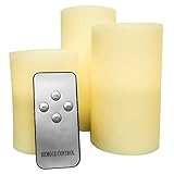Genuine Wax Flameless LED Candle Set of 3 Pillars - Auto Timer & Remote Control - Battery Operated