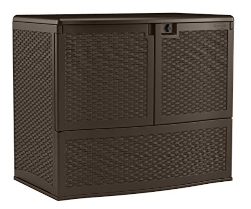 Suncast Resin Vertical Storage Box with Top Lid and Front Doors - Outdoor Bin Stores Tools, Accessories and Toys - Java Wicker