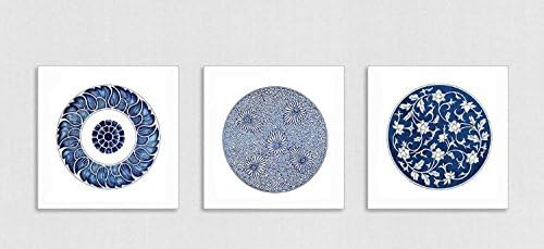 Modern White and Deep Blue Wall Art Prints Abstract Circle Canvas Decoration