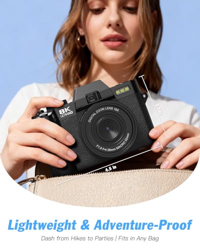 8K Digital Cameras for Photography, 64MP Vlogging Camera with 180°Flip Screen，2 Batteries, 32GB TF Card，16X Zoom, WiFi, 3 Color Filters,Microphone, Tripod, Wide & Macro Lens Kit (Black)
