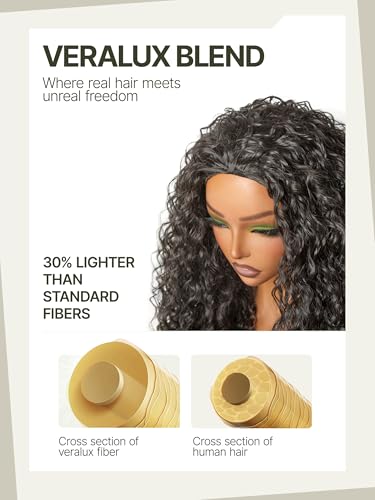 Frodio Curly Half Wig 26 Inches Veralux™ Fiber Blend Human Hair Headband Wig 3 in 1 Shaggy Wave Flip Over Drawstring Wig 200% Density Natural Black Ready to Go Glueless Wig for Women