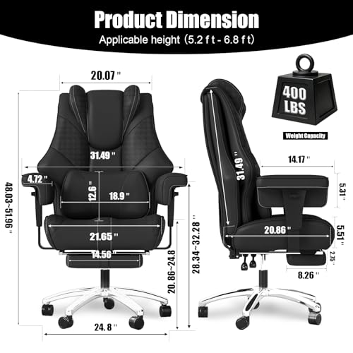 400 lbs Big and Tall Ergonomic Office Chair with Footrest,Computer Gaming Chair with Folding Armrest and Lumbar Support Adjustable Height,Wide Desk Chair with Wheels for Home Office (Black)