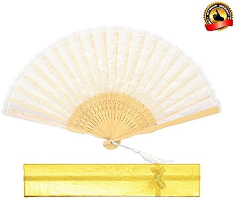 LYSA"Sexy Lace", Chinese/Japanese Palace Style Restoring Ancient Ways of Women Hand Held Folding Fan- and Tissue Protective Sleeve"9.06"（23cm) (White with Gift Box)