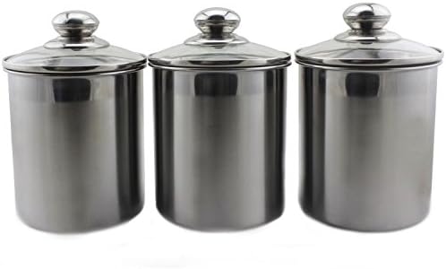 Stainless Steel Canister Set With Glass Lids. Air Tight and Elegant. Perfect for Kitchen storage, Tea, Coffee, Sugar, Rice, Beans, pasta - 3 Piece set Medium Sized 47oz (1.4L) Each.