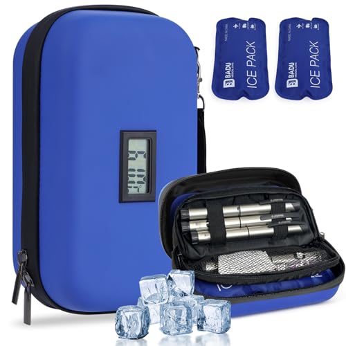 HIMDUZE Insulin Cooler Travel Case TSA Approved Refrigerated Medicine Cooler for Travel w/Thermometer Temperature Diabetic Case w/2 Reusable Ice Packs for Daily Life Trip, Blue