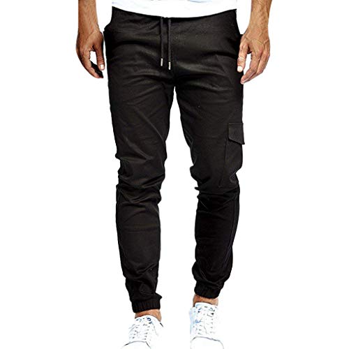 Fashion Casual Pants Mens Slim Pure Color Bandage Sweatpants Drawstring Pants Black