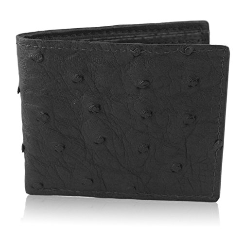 Black Genuine Ostrich Skin Leather Bifold Wallet Handmade with 6 Card Slots