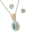 Sterling Silver Vermeil Genuine Aquamarine and Diamond Pendant Necklace and Earrings Set