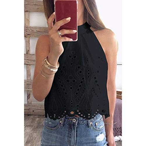 Womens Lace Crochet Sleeveless Tops Sexy Halter Hollow Out Crop Tank Top Blouse Cami Vest Black