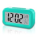 GLOUE Battery Operated Cordless Digital Alarm Clock Smart Sensor Night Light, Date, Snooze, Temperature, 12/24Hr switchable, Simple Operation, for Kids/Heavy Sleepers/Bedroom/Travel (Blue)