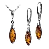 Sterling Silver Amber Marquise Drop Leverback Earrings Necklace Set 18 Inches