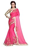 Mirchi Fashion Women's Pink Satin Chiffon Saree with Unstitched Blouse Piece