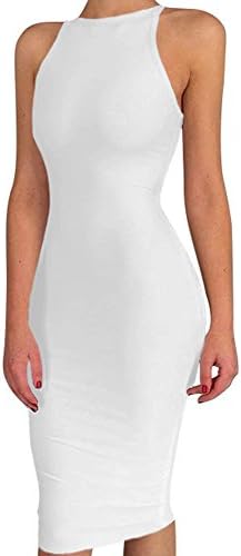 EUTOB Women's Spaghetti Strap O Neck Bodycon Midi Club Party Dress