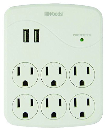 Woods 41079 Surge Protector with 6 Outlets and 2 USB Type A Ports with 1000J of Protection, White