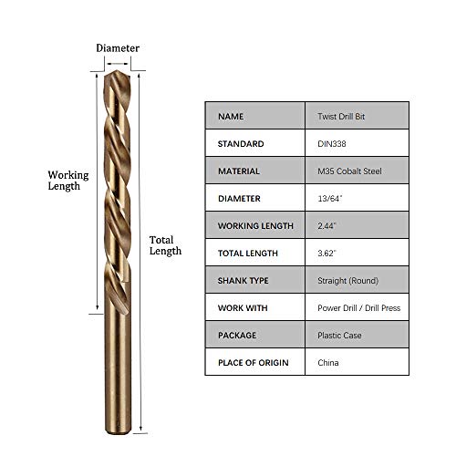 Hymnorq M35 Cobalt Steel Fractional 13/64 Inch Dia. x 3.62 Inch Long Twist Drill Bit Set of 10pcs, Jobber Length and Round Shank, 135 Degree Split Point Heat Resistant for Stainless Steel - Thumbnail 3
