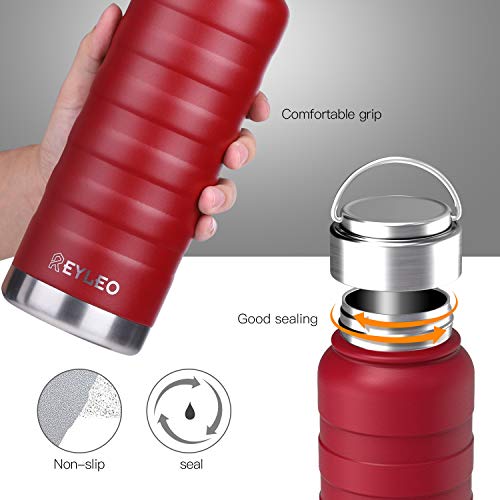 REYLEO Vacuum Insulated Water Bottle with Straw Lid- 24 Oz, Red, 2 Lids, 18/8 Stainless Steel Metal Sport Water Bottle, Keep Cold 24 Hours & Hot 8 Hours, Standard Mouth with Straw Lid