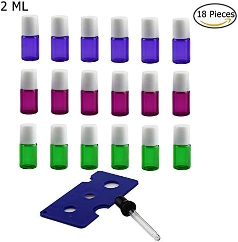 18 Pcs Colorful Mini 2 ml Roll on Glass Bottle for Essential Oil with Stainless Steel Roller Balls - with 1 Dropper and 1 Opener, Refillable Aromatherapy Essential Oil Roll On Pink Green Purple (White caps)