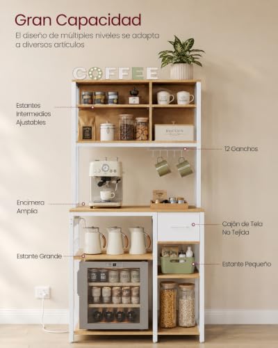 NEWBLUE Alacenas para Cocina, Ajustables Estante para Microondas de Cocina con Enchufes y 12 Ganchos, Cajón de Tela, Muebles para Microondas Mueble para Sala, Cafetería