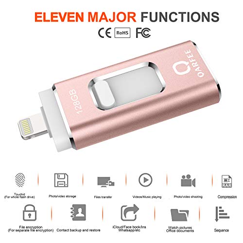 QARFEE USB Flash Drive 128GB, 3.0 Photo Stick USB Memory Stick External Storage Pen Drive High Speed Thumb Drive, Jump Drive Compatible for iPhone iPad iPod Mac Android Phone PC Laptop, Pink