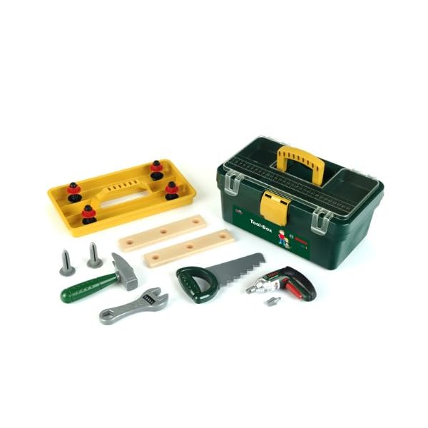 Theo Klein 8305 Bosch Werkzeugbox I Mit batteriebetriebenem Akkuschrauber Ixolino und Zubehör wie Hammer, Säge…