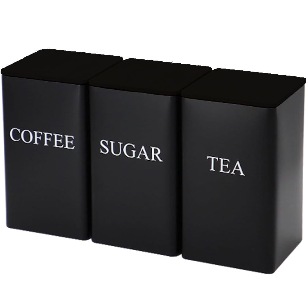 Tea Coffee Sugar Canisters, 1000ML 3 Piece of Metal Canister Storage Jar Container Set With Airtight Lid (New Black)