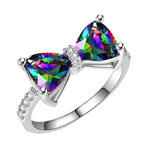 Rings for Women, Women's Bow Cubic Zirconia Ring, Silver Tone Rainbow Triangle Stone Ring with Crystal Accents, Bow Tie Statement Ring for Party, Anniversary, Accessory for Girl