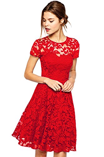 Amoluv Women Round Neck Short Sleeve Pleated Lace Slim Dress Red,Small