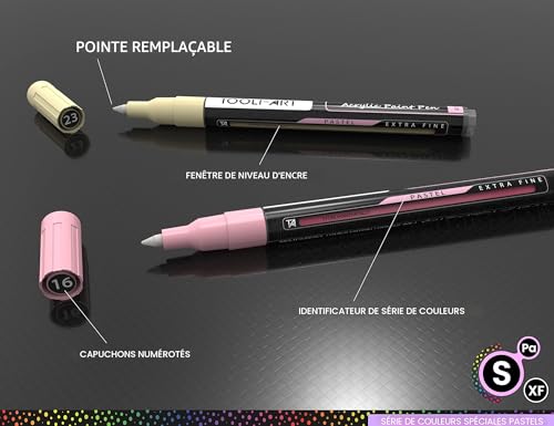 TOOLI-ART 24 acrylic pastel paint markers with extra fine 0.7mm tip for painting on rock, glass, wood, metal, canvas, details, non-toxic, quick drying.